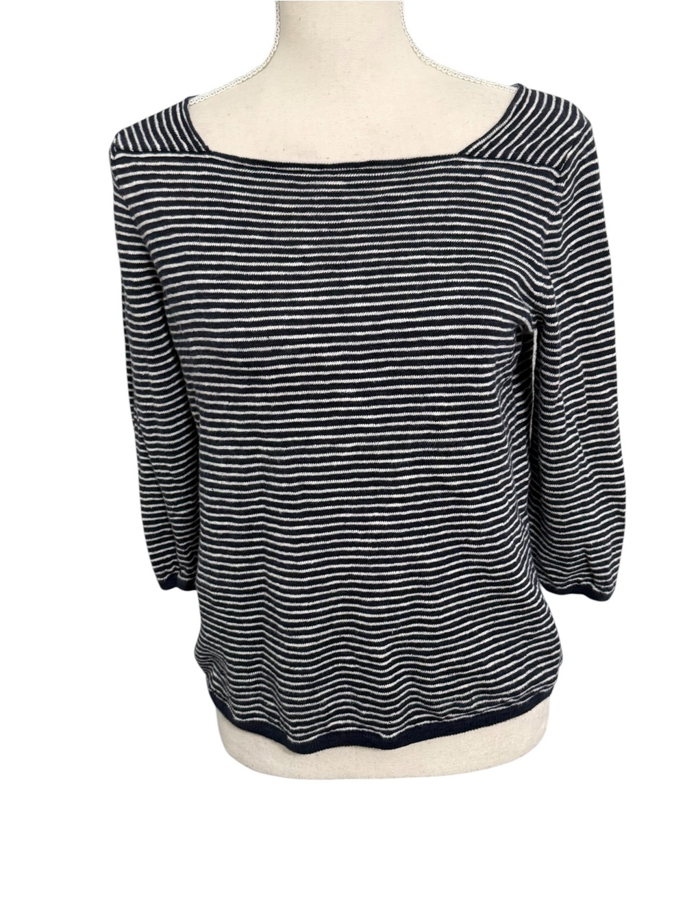 Eileen Fisher Organic Linen Cotton Striped Boat Neck Sweater Navy White S/P